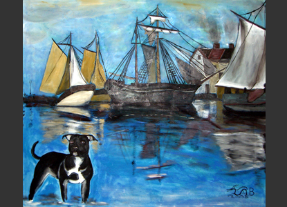 Sally vor einem Hafenmotiv von Monet - die Künstlerin hat die beige Töne in Blau gewechselt